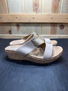 Hush Puppies Coco Womens 8.5 Beige Gold Cork Wedge Sandals Bounce Sole 39 EU !!!